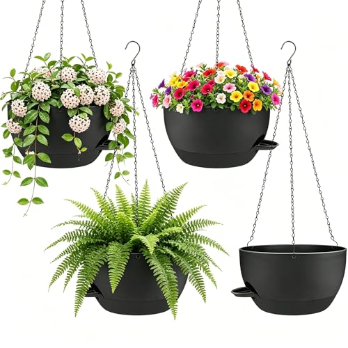 Set of 4-8 Inch Self Watering Hanging Planters for Indoor Outdoor，Hanging Plant Pots with Drainage & Removable Tray, Hanging Pots Holder for Ivy, Pothos, Ferns, Balcony & Patio, Black - color: Black, size: 4 pack 8 inch