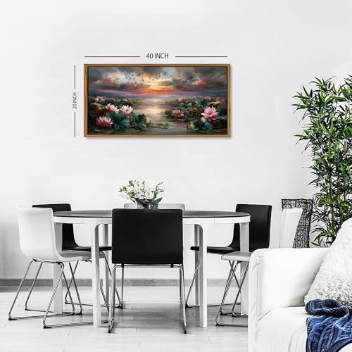 Lake Lotus Scenery Wall Art Zen Decor Emerald Green Plant Pink Flower Poster for Living Room Abstract Poud Landscape Picture Framed Summer Nature Artwork Bedroom Bathroom Office Home Decorations 20x40 - color: Lotus, size: 20"L x 40"W