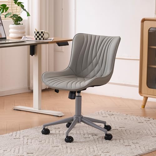 YOUTASTE Grey Armless Office Chair, Modern Adjustable Swivel Desk Chair with Wheels, Upholstered PU Leather, Gray Metal Legs, Back Support for Home Office, Study, Vanity, Bedroom - color: All Grey
