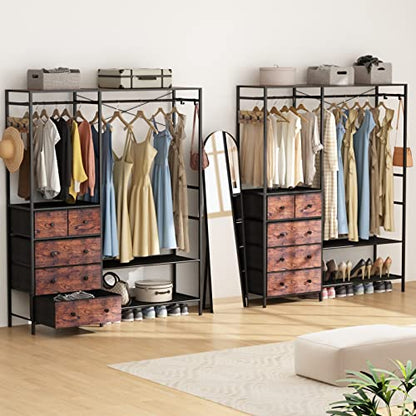 Heavy Duty Clothing Rack with 5 Drawers & 4 Storage Shelves, 2 Hanging Rods | 70.9Hx59.1W Clothing Rack, Wardrobe Closet Racks with 5 Hooks, Freestanding Garment Racks (Rustic Brown) - color: Rustic Brown