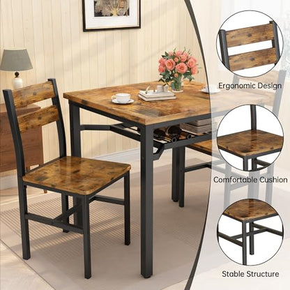 Hooseng 3 Piece Dining Table Set for 2, Small Wooden Kitchen Table with Storage, Farmhouse Square Dinette Set for Dining Room, Breakfast Nook, Apartment, Small Space - color: Brown