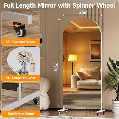 Hasipu 75" x 28" Arched Full Length Mirror on Wheels | HD tempered glass, sturdy aluminum frame, 4 smooth casters with locks, ideal for yoga, dance studio, bedroom & home gym. - size: 75"L x 28"W