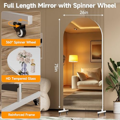 Hasipu 75" x 28" Arched Full Length Mirror on Wheels | HD tempered glass, sturdy aluminum frame, 4 smooth casters with locks, ideal for yoga, dance studio, bedroom & home gym. - size: 75"L x 28"W