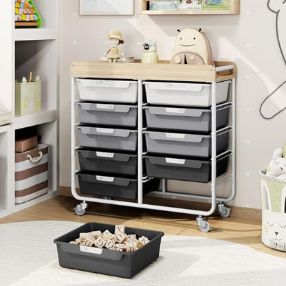 10 Drawer Rolling Storage Cart with Wood Top for Classroom Crafts Grey | Easy Setup, Large Capacity, Sturdy Build, Lockable Mobility, For office, classroom and home supplies - color: Grey