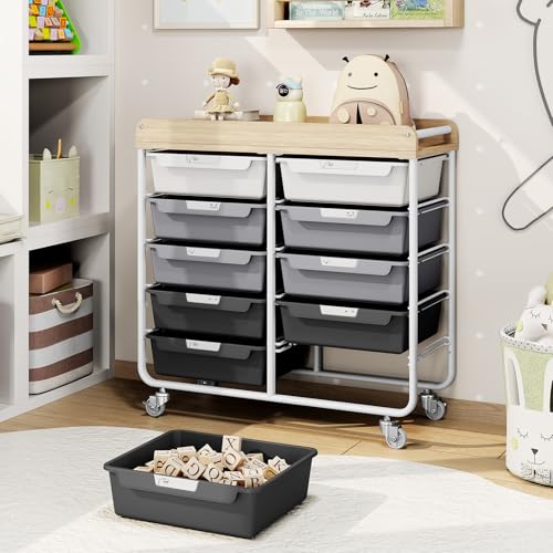 10 Drawer Rolling Storage Cart with Wood Top for Classroom Crafts Grey | Easy Setup, Large Capacity, Sturdy Build, Lockable Mobility, For office, classroom and home supplies - color: Grey