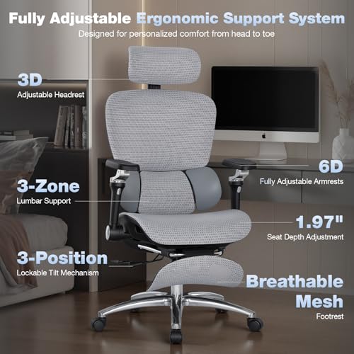 MALOL Ergonomic Office Chair, 400lbs High Back Mesh Desk Chair with 6D Armrests, 3D Headrest, Adjustable Lumbar Support, Seat Depth Adjustment, Tilt Lock, Metal Base & PU Wheels, Grey - color: Grey