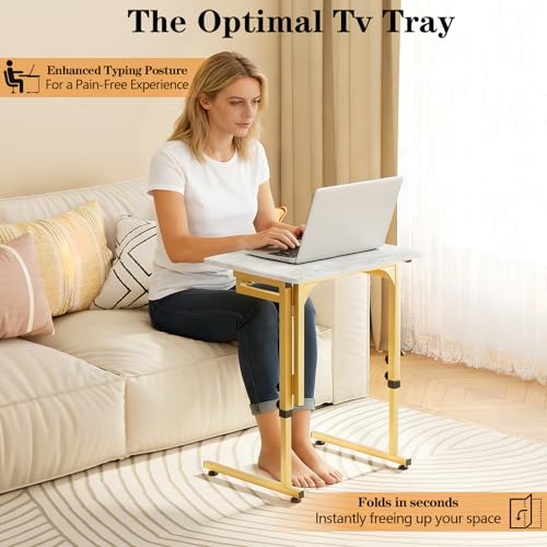Folding tv Tray Dinner Snack Table,6 Height Adjustable Slide Under Couch Side Table, Portable Small Foldable C-Shaped End Table for Eating with Sturdy MDF Top,No Assembly(White Marble+Gold) - color: White Marble + Gold