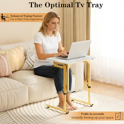 Folding tv Tray Dinner Snack Table,6 Height Adjustable Slide Under Couch Side Table, Portable Small Foldable C-Shaped End Table for Eating with Sturdy MDF Top,No Assembly(White Marble+Gold) - color: White Marble + Gold