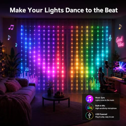 Smart Curtain Lights Outdoor 400LED App Music Timer USB 6.6x6.6FT | App controlled LED curtain lights for bedroom, window, patio, party, wedding and Christmas backdrop