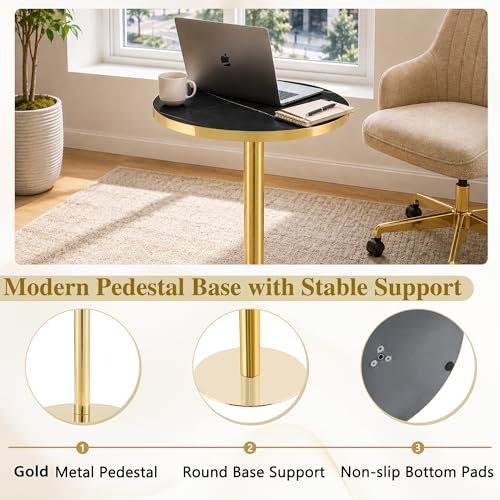 TesNus 23.6" Small Round Dining Table for 2, Circle Tulip Table, Faux Marble Top with Gold Metal Pedestal Base, Modern Leisure Coffee Table for Small Spaces, Cafe, Office, Black&Gold - color: Black Top&gold Base