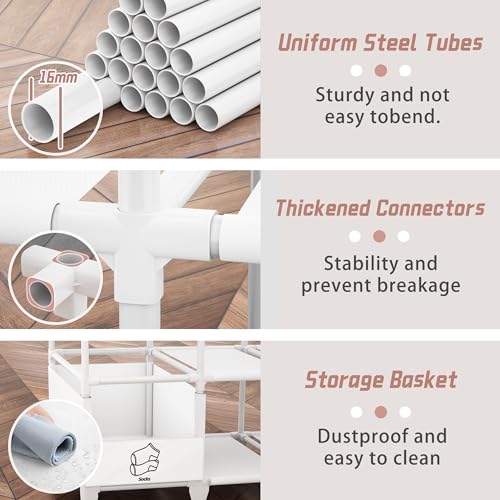 Portable Closet, Easy Assembly, Large Capacity Wardrobe Closet | Sturdy and Stable Clothes Rack with Shelves 4 Storage Baskets and 2 Hanging Rods, for Bedroom and Cloakroom 50 In White - color: White