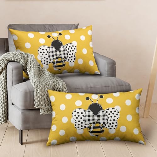Lumbar Pillows Covers 12x20 Set of 2 Spring Summer Farmhouse Decorative Bumble Bee Polka Dots Throw Pillow Cover Yellow Honey Bee Rectangle Waist Cushion Case for Outdoor Couch Patio - color: Bee Pillow Covers - A11-10, size: 20" x 12" (Pack of 2)