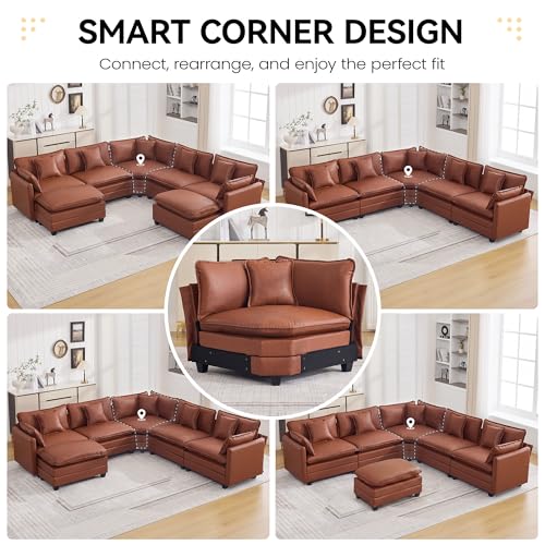147'' Oversized U Shaped Cloud Sectional Sofa, Leather Deep Seat Couches for Living Room, Comfy Upholstered Modular Sectional Sofa Couch, Leather Brown - color: Pu-dark Brown, size: 147'' Oversized U Shape