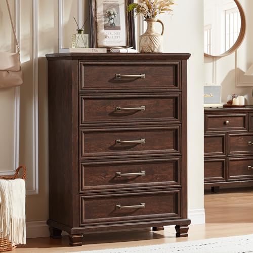 Farmhouse 5 Drawer Dresser for Bedroom, Walnut | 45” Tall Vertical Dressers Chest of Drawers with Reinforced Top & Square Wooden Legs - color: Walnut, size: 16"D x 32"W x 45"H (5 Drawers)