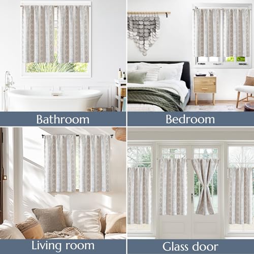 jinchan Boho Blackout Kitchen Tier Curtains, 24 Inch, Blue on Beige | Blue geometric print on warm beige, soft blackout backing, 2 panels, rod pocket, for kitchens, bedrooms, RVs and campers - color: Blackout Backing | Blue on Beige, size: 25"W x 24"L (Pa