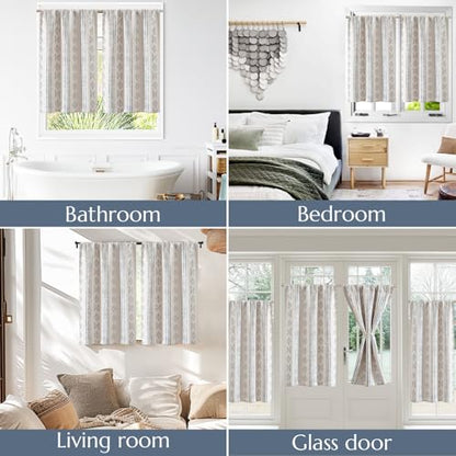 jinchan Boho Blackout Kitchen Tier Curtains, 24 Inch, Blue on Beige | Blue geometric print on warm beige, soft blackout backing, 2 panels, rod pocket, for kitchens, bedrooms, RVs and campers - color: Blackout Backing | Blue on Beige, size: 25"W x 24"L (Pa