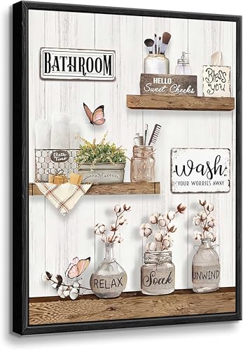 Framed Farmhouse Bathroom Wall Art Rustic Cotton Flower Bathroom Pictures Wall Decor Vintage Relax Soak Unwind Sign Painting Country Flower Bath Canvas Prints For Washroom Home Painting 16x12 Inch - color: brown2, size: 12"L x 16"W