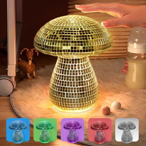 Mushroom Table Lamp Decor Light: Disco Glass Bedside Table Lamp with Rechargeable Cordless Touch - 5 Colors, 2 Mood Lighting - Cute Nightstand Lamp for Ambient, Kids, Bedroom, Living, Girl Gift - color: Silver