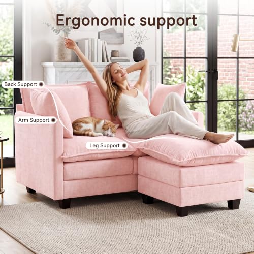 50" Love Seat with Ottoman, Small L Shape Cloud Sofa Couch, 2-Layer Cushion & 27" Deep Seat, 2 Pillows for Small Spaces, Bedroom, Apartment, Office, Living Room, Pink - color: Pink, size: Loveseat with Ottoman
