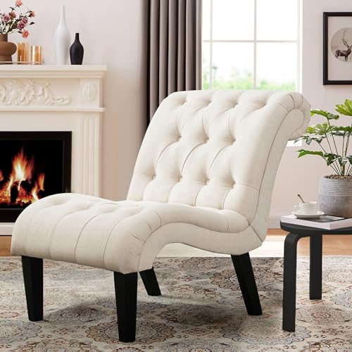 Mid Century Modern Accent Chair, Button Tufted Armless Lounge Chair, Upholstered Linen Side Chair with Solid Wood Legs for Bedroom, Living Room, Office - color: Cream, size: 1 Chair