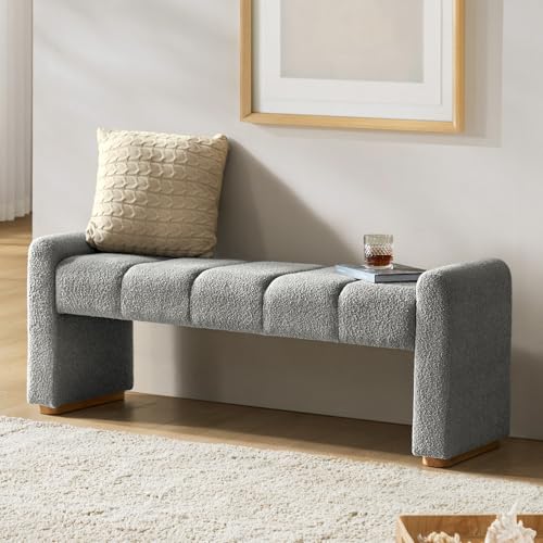 55" Upholstered End of Bed Bench with Rubber Wood Legs,Entryway Ottoman with Thick Padded Cushion for Bedroom and Living Room，Grey - color: Grey