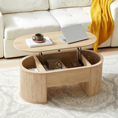 QHITTY Fluted Coffee Table with Lifting Top, Oval Wood Lift Top Coffee Table with Hidden Compartment, Mid Century Pull up Center Tables for Living Room, Office - Natural - color: Round Table-natural