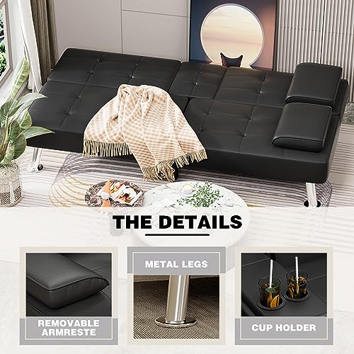 JUMMICO Faux Leather Futon Sofa Bed, Sleeper Sofa with Adjustable Backrest | Futon Couch with Removable Armrests & 2 Cup Holders, Loveseat Futon Set for Living Room, Apartment and Office | Black