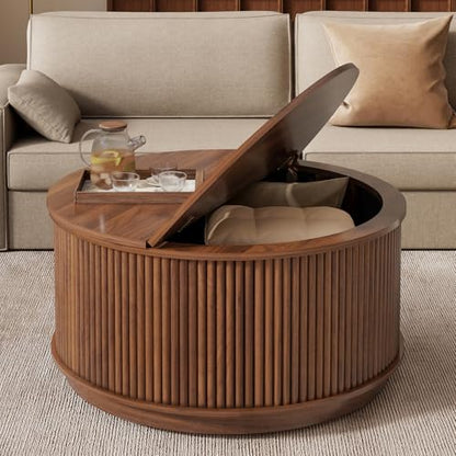 LYNCOHOME 31.5'' Fluted Flip Top Round Coffee Table with Storage, Circle Coffee Table, Modern Coffee Table for Living Room, Center Table for Living Room, Home Office, Dark Brown, Walnut