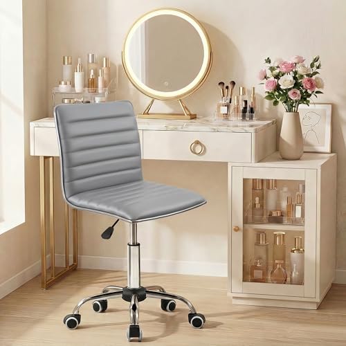 JUMMICO Armless Vanity Office Chair with Wheels, Small Cute Makeup Desk Chair Ribbed Leather Swivel Computer Task Chair (Light Gray) - color: Light Gray