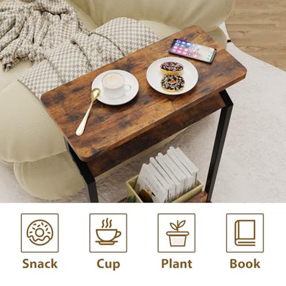 Narrow Side Table for Small Spaces, 2-Tier Farmhouse Small End Table, Slim TV Tray Couch Table Skinny Sofa Tray Tables Thin End Tables for Living Room Bedroom, Rustic Brown