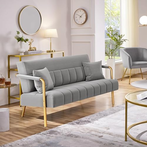 Yaheetech 56.5" Small Sofa 2 Seater Couch with Gold-Tone Legs, Light Gray | Small Sofa Loveseat Velve 2 Seater Couch with Tufted Back Gold Metal Frame 2 Pillows for Office, Studio,Living Room - color: Light Gray, size: 56.5" W