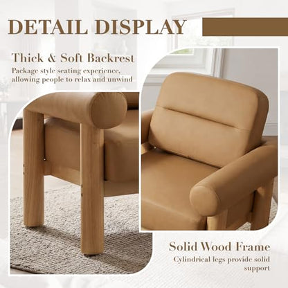 HNY 1-Pack Mid-Century Faux Leather Barrel Chair, Light Brown | Comfy Round Upholstered Armchair, Solid Wood Frame With Open Back, Lounge Side Club Chair for Living Room, Bedroom, Office - color: Light Brown, size: 1