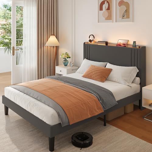 Gizoon Queen Bed Frame with Charging Station and LED Lights | Upholstered Wingback Platform Bed with Padded Headboard,Wooden Slats,Noise-Free,No Box Spring Needed, Easy Assembly,Dark Grey - color: Dark Grey+led, size: Queen