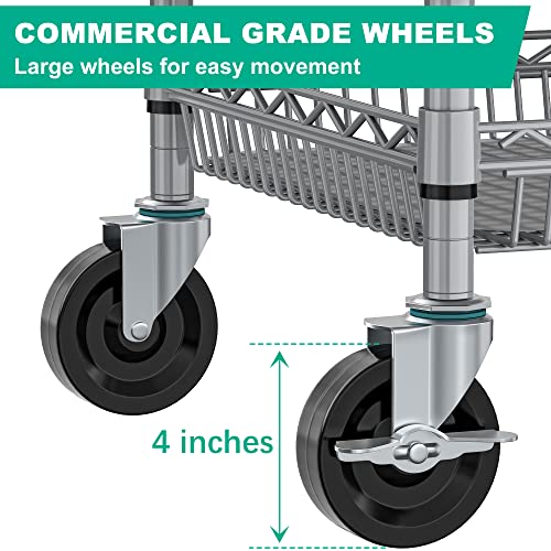 Folews Heavy Duty Rolling Cart with Wheels, 990LBS Metal Utility Cart | 3-Tier NSF Rolling Storage Organizer, Adjustable Shelves & Basket, Lockable Casters, Commercial Storage Trolley, Gray - style: Gray