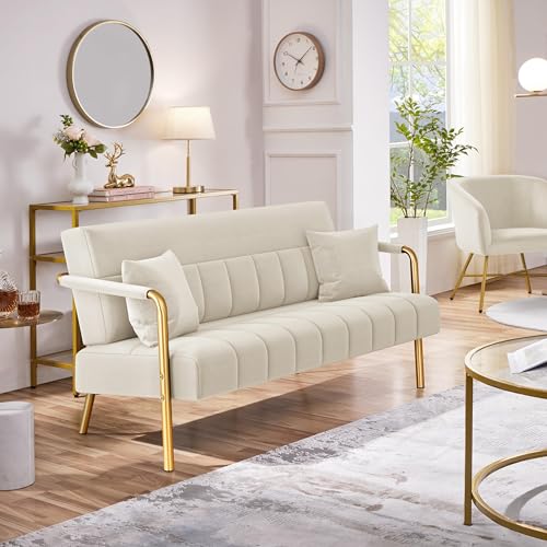 Yaheetech 56.5" Smal Sofa 2 Seater Couch with Gold-Tone Legs, Beige | Small Sofa Loveseat Velve 2 Seater Couch with Tufted Back Gold Metal Frame 2 Pillows for Office, Studio,Living Room - color: Beige, size: 56.5" W