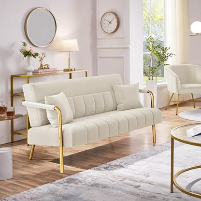 Yaheetech 56.5" Smal Sofa 2 Seater Couch with Gold-Tone Legs, Beige | Small Sofa Loveseat Velve 2 Seater Couch with Tufted Back Gold Metal Frame 2 Pillows for Office, Studio,Living Room - color: Beige, size: 56.5" W