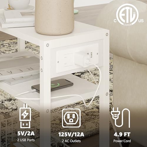 TRIFEBLE Narrow Side Table with Charging Station, Small End Table for Small Spaces, Slim Nightstand with Storage Basket, 3 Tier Skinny Bedside Table for Living Room, Bedroom, White - color: White