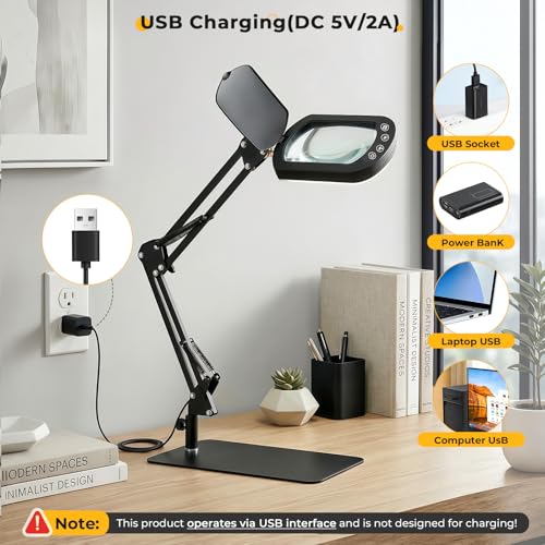 10X Square Magnifying Glass with Light and Stand/Clamp, 80 LED Lighted Magnifier with Dust Cover, 5 Color Modes Stepless Dimmable, Hands-Free Desk Magnifying Glasses for Close Work, Crafts, Reading