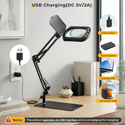 10X Square Magnifying Glass with Light and Stand/Clamp, 80 LED Lighted Magnifier with Dust Cover, 5 Color Modes Stepless Dimmable, Hands-Free Desk Magnifying Glasses for Close Work, Crafts, Reading