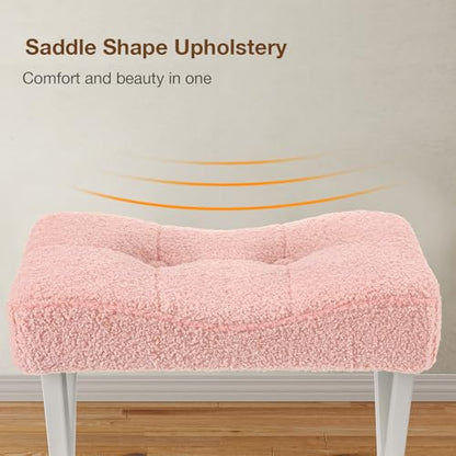 18-Inch Vanity Stool Chair, Pink Padded Saddle Makeup Stool | Teddy Flannel Vanity Bench, Metal X-Leg, 300 LBS, 16.3"x12.4"x18", Ottoman Accent Stool, Breathable Soft Saddle Seat - size: Small, style: Pink Fabric