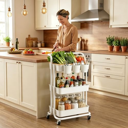 3 Tier Rolling Cart with Table Top, Utility Cart with Lockable Wheel | Hooks & Cup Holders, Multifunctional Rolling Storage Cart for Kitchen, Bathroom, Office, Bedroom, Craft, Living Room (White) - color: White