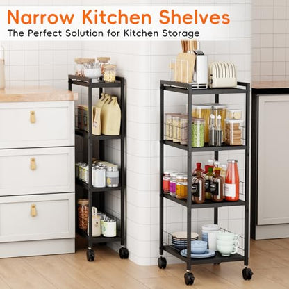 Expandable Slim Storage Cart with Wheels, 4 Tier Narrow Metal Rolling Utility Cart Organizer Adjustable Open Floor Shelving Unit for Small Spaces Bathroom Laundry Room Kitchen
