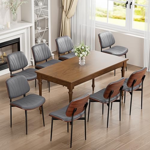 YaFiti Mid Century Dining Chairs Set of 2 with Walnut Bentwood, Gray | Ergonomic Walnut Backrest, Upholstered Waterproof PU Leather Seat, Stable Metal Legs, Adjustable Footpads, Apartment Friendly - color: Gray Scallop