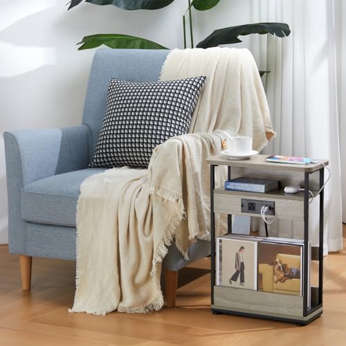 YEAKOO Narrow Side Table with Charging Station, 3-Tier End Table with 2 USB Ports & Power Outlets,Thin Sofa Side Table for Narrow and Small Spaces, Bedside Table Nightstand for Living Room,Oak - color: Oak