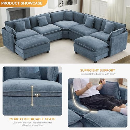 113'' V Shaped Cloud Sectional Sofa, Oversized Deep Seat Couches for Living Room, Chenille Comfy Upholstered Modular Sectional Sofa Couch with 2 Movable Ottoman, Blue - color: Blue, size: 113'' V Shaped+2 Ottoman