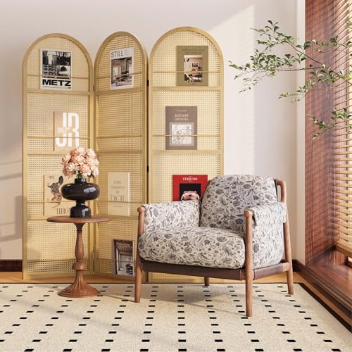 Rattan Room Divider with Built-in Bookshelf | Foldable Privacy Screen & Portable Partition for Home Office, Bedroom, Reading Nook | Wooden Frame, Freestanding Design (Natural-Rattan) - color: Natural-rattan