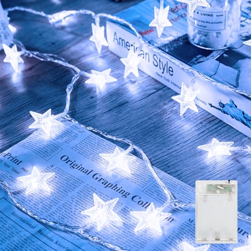 Minetom Star String Lights Battery Operated - 17 ft 50 LED Star Fairy String Lights with Timer, Waterproof for Indoor Bedroom Tent Loft Bed Patio Party Wedding Decor, White - color: White, size: 1 Pack