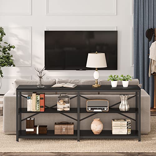 LITTLE TREE 70.9 Inch Long Console Sofa Table 3-Tier Industrial Sofa Table Behind Couch Table Hallway Entryway Table for Living Room, Black - color: Black