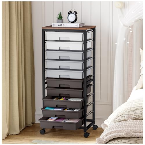 Sykiariol 10 Drawer Rolling Cart,Grey | Rolling Cart for Craft Storage,Storage Cart with Lockable Wheels and Wooden Tabletop for Classroom,Office,Living Room - color: Grey