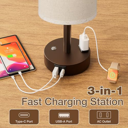 Brown Touch Bedside Lamp for Bedroom, Stepless Dimmable, USB A+C, AC Outlet | Base Touch Button Only, Memory Brightness, Ultra-dim Night Light, Included Bulb for Optimal Dimming, Beige Fabric Shade, Desk - color: Beige & Brown